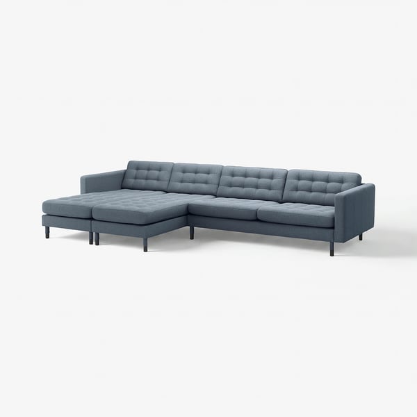 LANDSKRONA Divano a 5 posti con chaise-longue, Gunnared blu/legno/nero