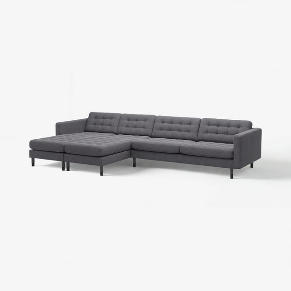 LANDSKRONA Divano a 5 posti con chaise-longue, Gunnared grigio scuro/legno/nero