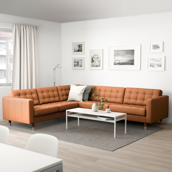 LANDSKRONA Divano angolare a 5 posti, Grann/Bomstad ocra bruna/legno