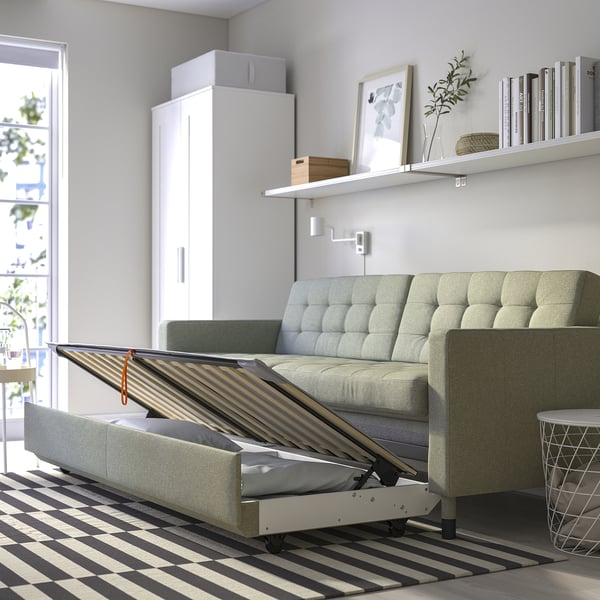 LANDSKRONA Divano letto a 3 posti, Gunnared verde chiaro/legno/nero