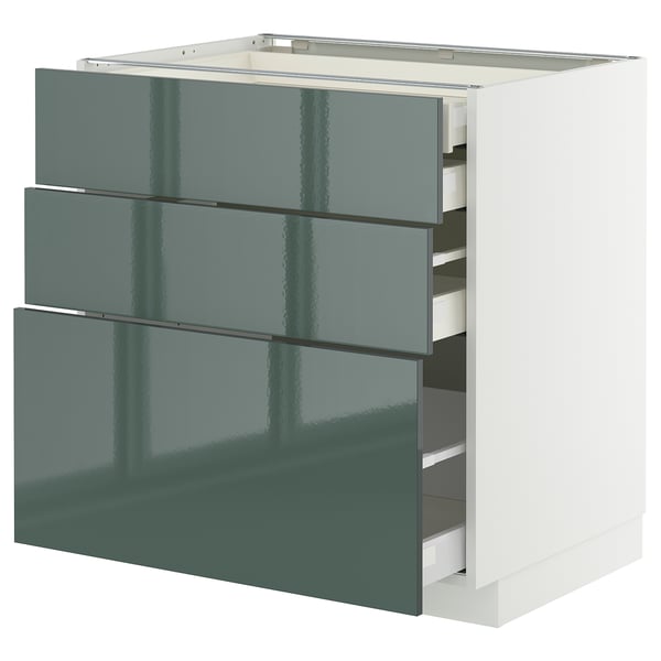 METOD / MAXIMERA Mob 3front/2casset bas/1med/1alt, bianco/Kallarp grigio-verde scuro lucido, 80x60 cm