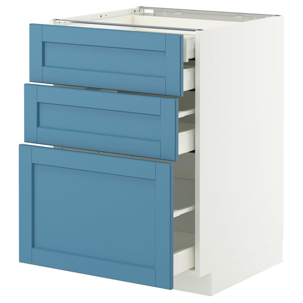 METOD / MAXIMERA Mob 3front/2casset bas/1med/1alt, bianco/Lerhyttan blu, 60x60 cm