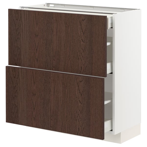 METOD / MAXIMERA Mobile base/2frontali/3cassetti, bianco/Sinarp marrone, 80x37 cm
