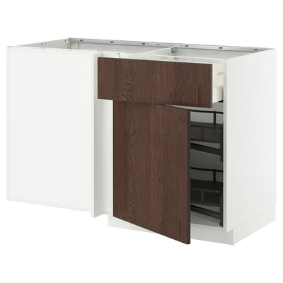 METOD / MAXIMERA Mobile base ang/cassetto/elem estr, bianco/Sinarp marrone, 128x68 cm
