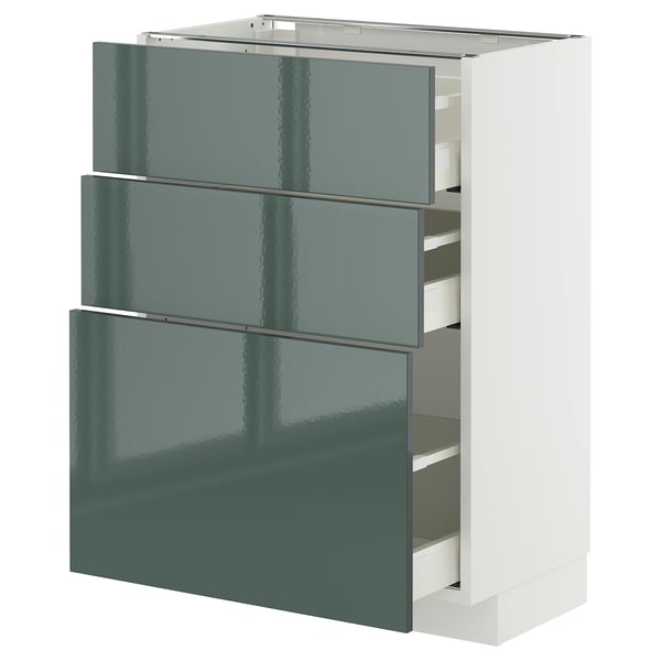 METOD / MAXIMERA Mobile base con 3 cassetti, bianco/Kallarp grigio-verde scuro lucido, 60x37 cm