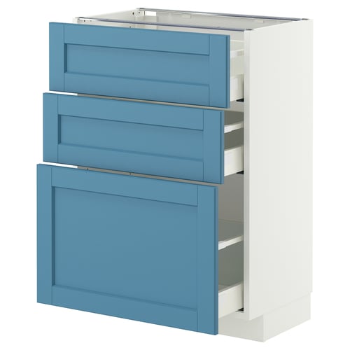 METOD / MAXIMERA Mobile base con 3 cassetti, bianco/Lerhyttan blu, 60x37 cm