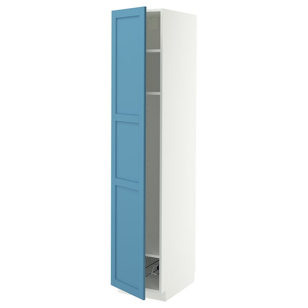 METOD Mobile alto con ripiani/cestello, bianco/Lerhyttan blu, 40x60x200 cm