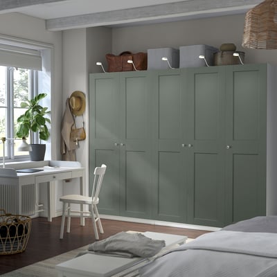 PAX / GRIMO Combinazione di guardaroba, bianco/grigio-verde, 250x60x201 cm