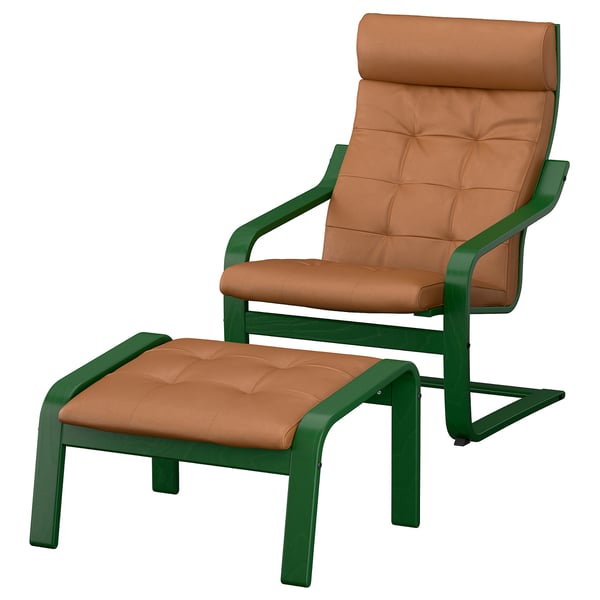 POÄNG Poltrona e poggiapiedi, verde scuro/Grann ocra bruna