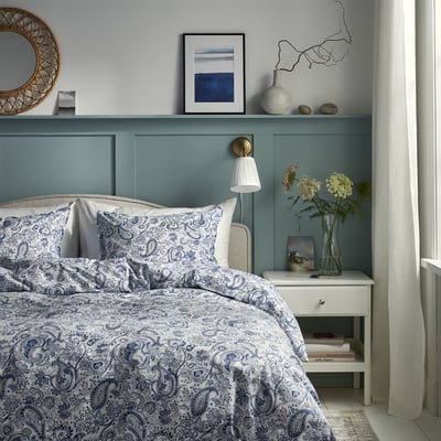 RODGERSIA Copripiumino e 2 federe, blu/bianco, 240x220/50x60 cm
