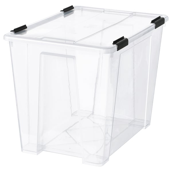 SAMLA Contenit con coperchio/chius scatto, trasparente/nero, 57x39x43 cm/65 l