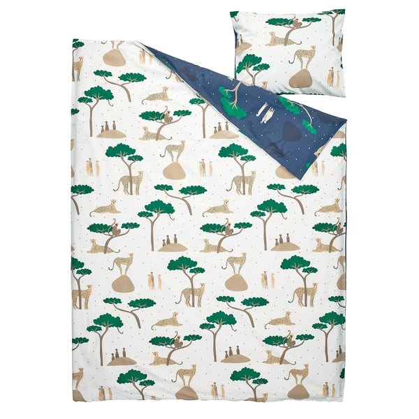 SANDLÖPARE Copripiumino e federa, bianco blu scuro/savana, 150x200/50x60 cm