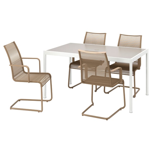 SEGERÖN / VÄSMAN Tavolo e 4 sedie con braccioli, da esterno bianco/beige/marrone, 147 cm