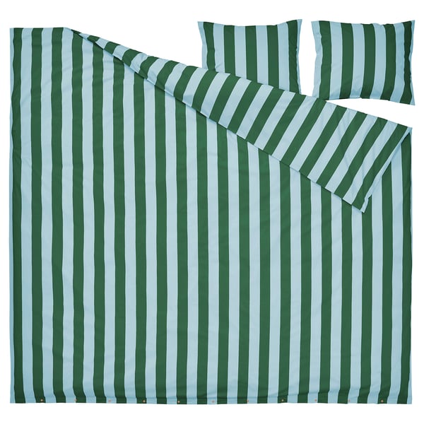 SLÅNHÖSTMAL Copripiumino e 2 federe, azzurro verde scuro/a righe, 240x220/50x60 cm