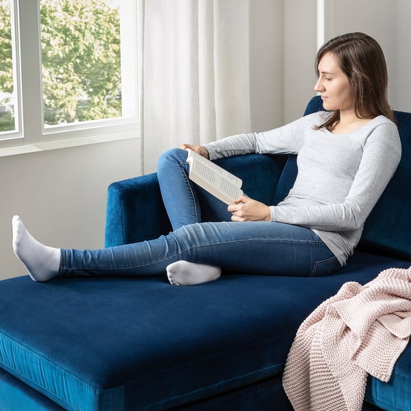 SMEDSTORP Divano a 3 posti con chaise-longue, Djuparp verde-blu scuro/nero