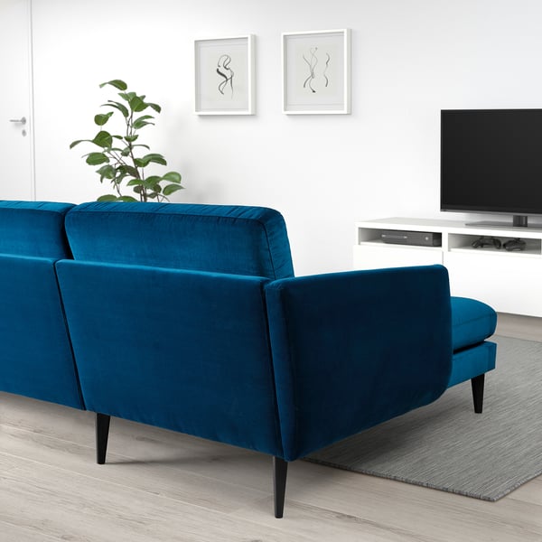 SMEDSTORP Divano a 3 posti con chaise-longue, Djuparp verde-blu scuro/nero
