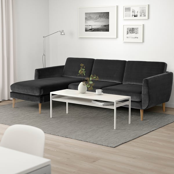 SMEDSTORP Divano a 4 posti con chaise-longue, Djuparp/grigio scuro rovere