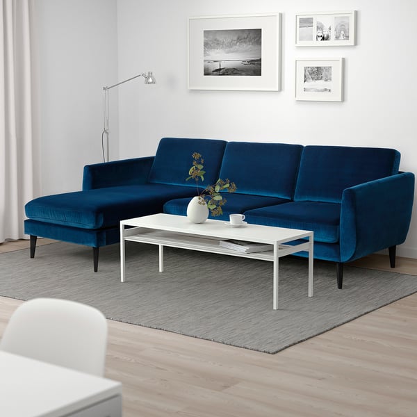 SMEDSTORP Divano a 4 posti con chaise-longue, Djuparp verde-blu scuro/nero