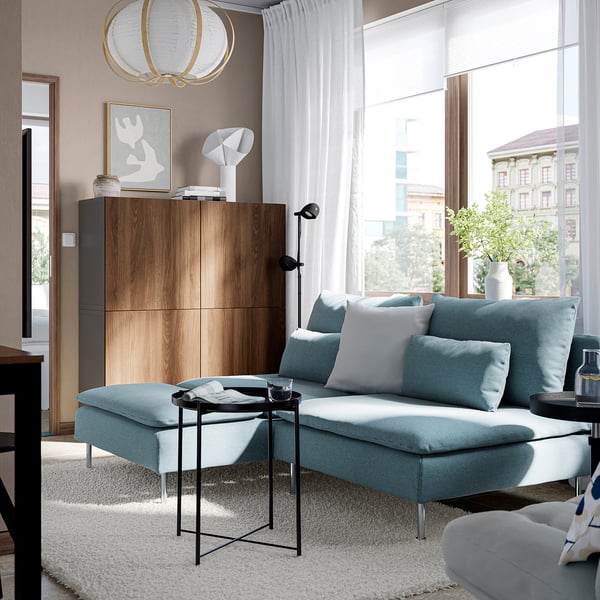 SÖDERHAMN Divano a 2 posti con chaise-longue, Fridtuna blu grigio scuro