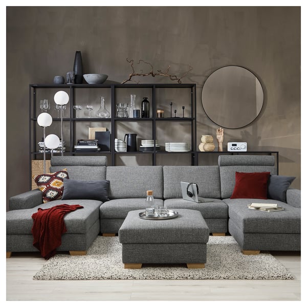 SÖRVALLEN Divano a 4 posti con chaise-longue, Lejde grigio/nero