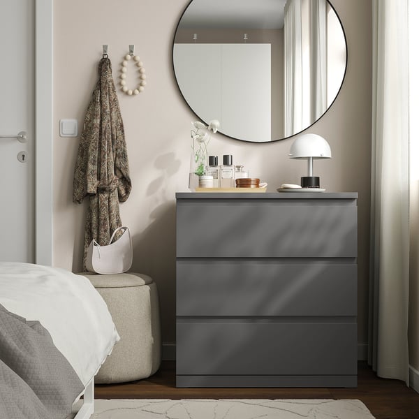 STORKLINTA Cassettiera con 3 cassetti, grigio scuro, 70x50x75 cm