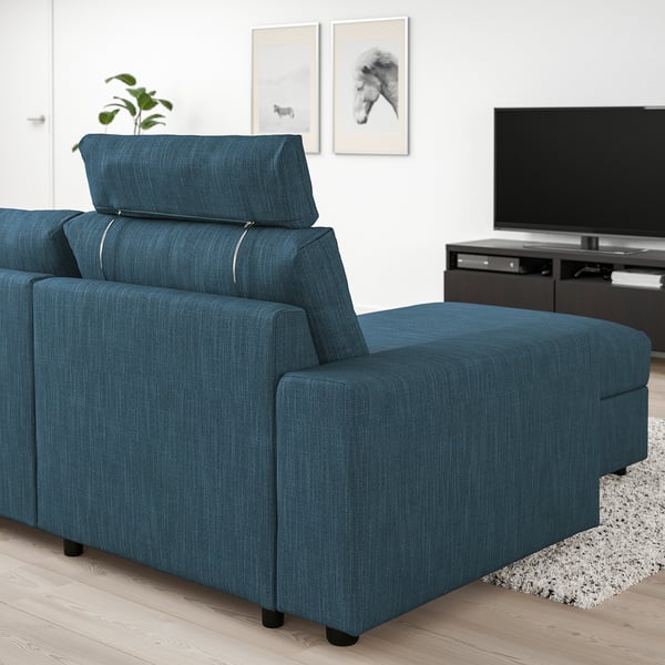 VIMLE Divano a 3 posti con chaise-longue, con braccioli larghi con poggiatesta/Hillared blu scuro