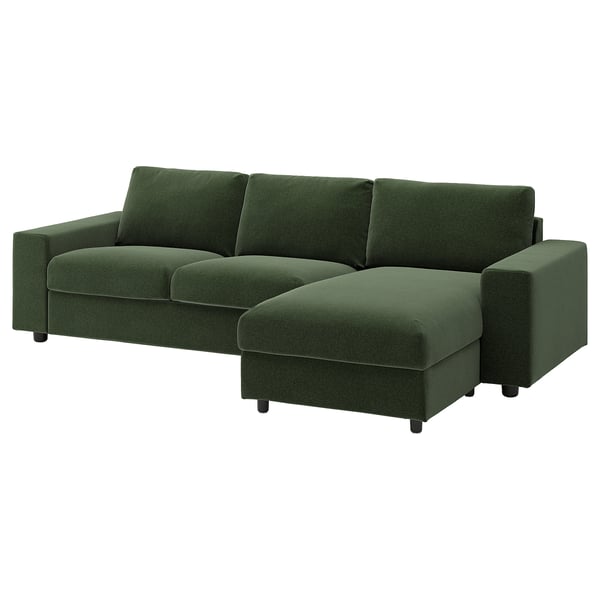 VIMLE Divano a 3 posti con chaise-longue, con braccioli larghi/Johanneshov verde scuro