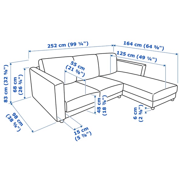 VIMLE Divano a 3 posti, con chaise-longue/Kelinge blu scuro