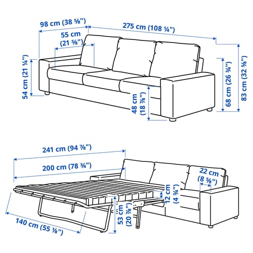 VIMLE Divano letto a 3 posti, con braccioli larghi/Hillared blu scuro