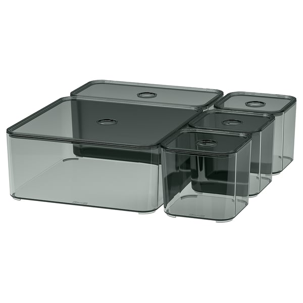 VISSLAÅN Set di 5 scatole con coperchio, grigio