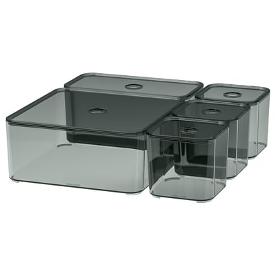 VISSLAÅN Set di 5 scatole con coperchio, grigio