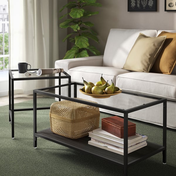 VITTSJÖ Set di 2 tavolini, marrone-nero/vetro, 90x50 cm
