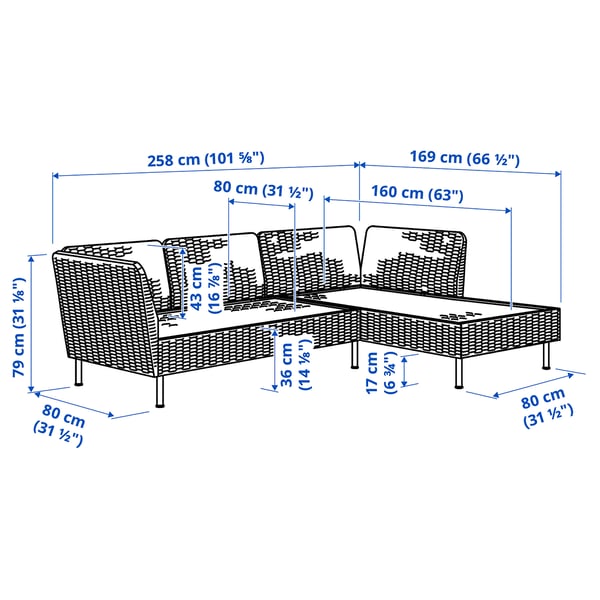 VITTSKÄR Divano a 3 posti con chaise-longue, braccioli da esterno/plastica effetto rattan grigio scuro
