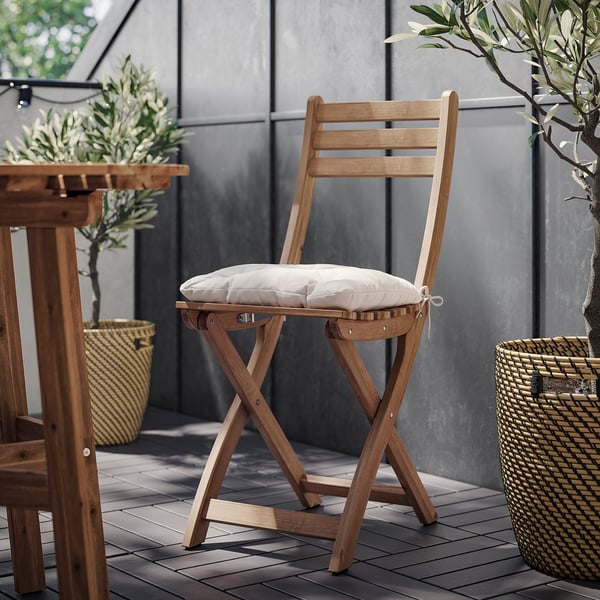 ASKHOLMEN Silla para terraza, plegable café oscuro/Kuddarna beige