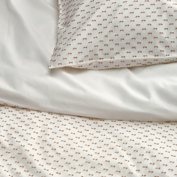 BANDKNIPPE Funda plumón con funda almohada, blanco/beige, 150x200/50x60 cm