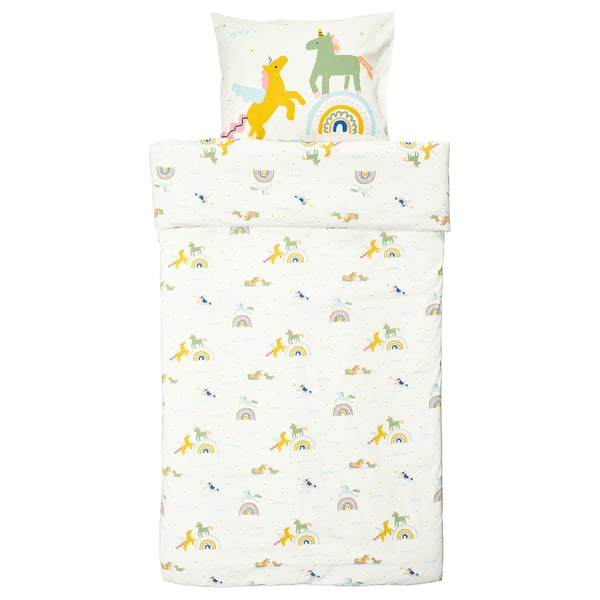 BARNDRÖM Funda plumón con funda almohada, blanco multicolor/Diseño de unicornios, 150x200/50x60 cm