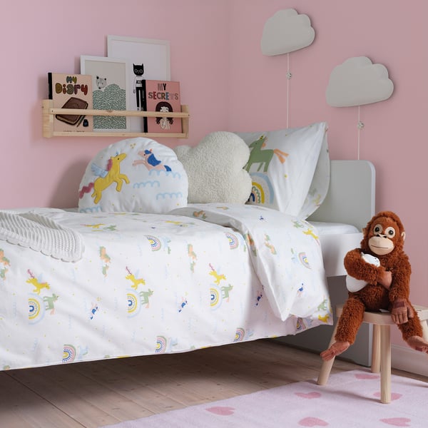 BARNDRÖM Funda plumón con funda almohada, blanco multicolor/Diseño de unicornios, 150x200/50x60 cm
