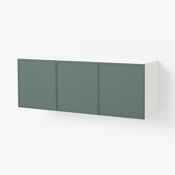 BESTÅ Buffet, blanco Krukmakare/gris oscuro-verde blanco de alto brillo, 180x42x65 cm