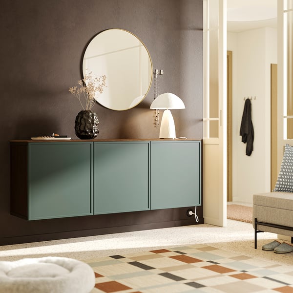 BESTÅ Buffet, negro Krukmakare/gris oscuro-verde efecto nogal, 180x42x65 cm