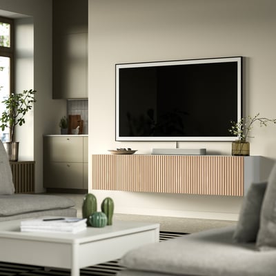 BESTÅ Rack de TV, blanco Björköviken/chapa roble, 180x42x38 cm