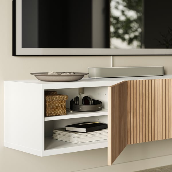 BESTÅ Rack de TV, blanco Björköviken/chapa roble, 180x42x38 cm