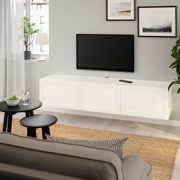 BESTÅ Rack de TV, blanco/Hanviken blanco, 180x42x38 cm