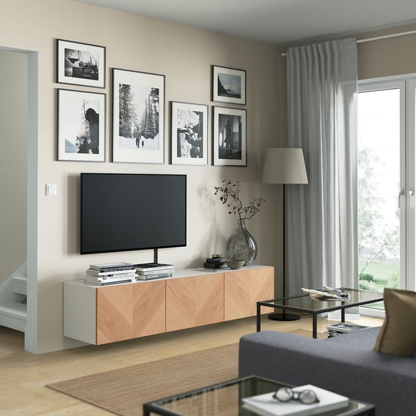 BESTÅ Rack de TV, blanco/Hedeviken chapa roble, 180x42x38 cm