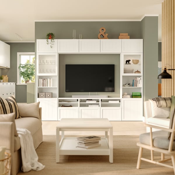 BESTÅ Rack de TV, blanco/Pipmakare blanco, 300x42x231 cm