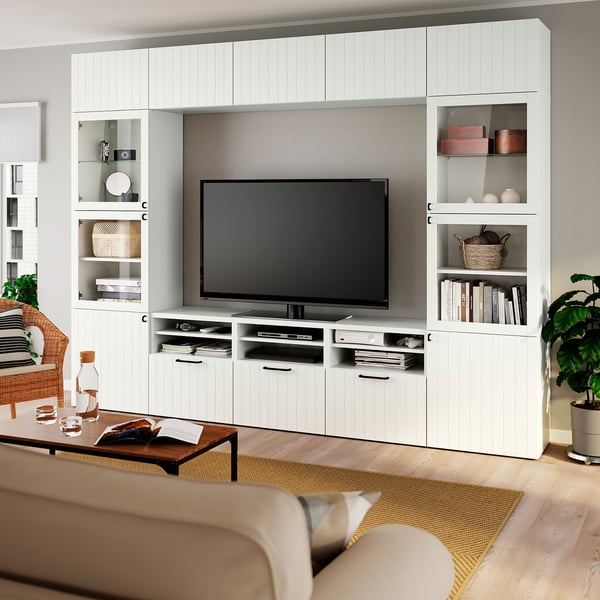 BESTÅ Rack de TV, blanco Sutterviken/Sindvik vidrio transparente blanco, 300x42x231 cm