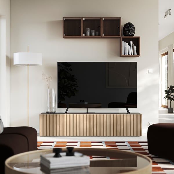 BESTÅ Rack de TV, negro Björköviken/chapa roble, 180x42x38 cm