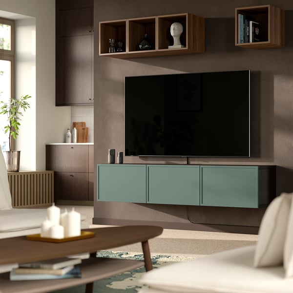 BESTÅ Rack de TV, negro/Krukmakare gris oscuro-verde, 180x42x38 cm