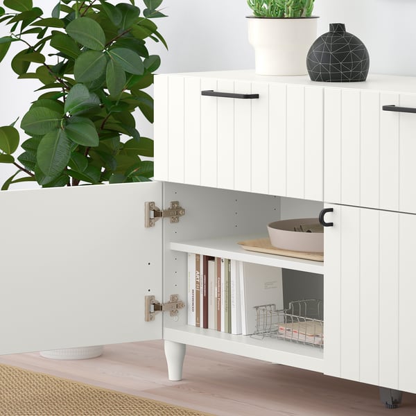 BESTÅ Vitrina, blanco/Sutterviken/Kabbarp blanco, 120x42x74 cm
