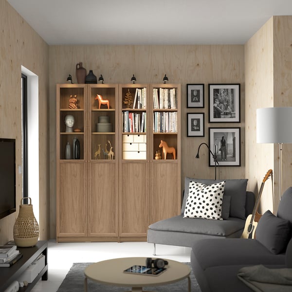 BILLY / OXBERG Combi estante+panel/puert vidrio, efecto roble, 160x30x202 cm