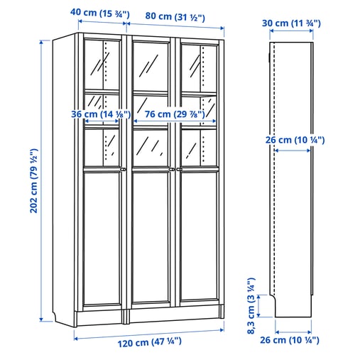 BILLY / OXBERG Estante con puerta panel/vidrio, blanco/vidrio, 120x30x202 cm